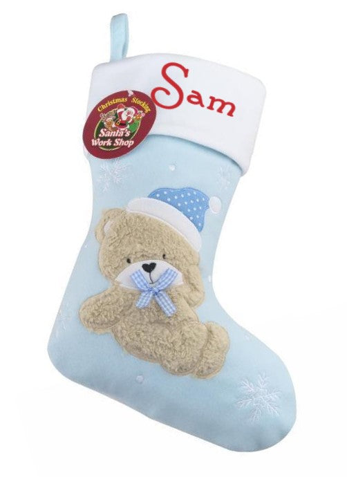 PERSONALISED DELUXE PLUSH BLUE FLUFFY TEDDY STOCKING ADD ANY NAME