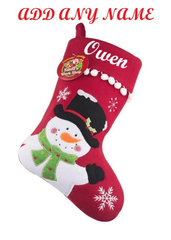 Personalised Deluxe Plush snowman Christmas Stocking ADD ANY NAME