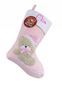 PERSONALISED DELUXE PLUSH PINK FLUFFY TEDDY STOCKING ADD ANY NAME