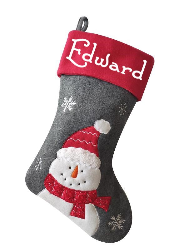 DELUXE PLUSH GREY RED TOP SNOWMAN STOCKING