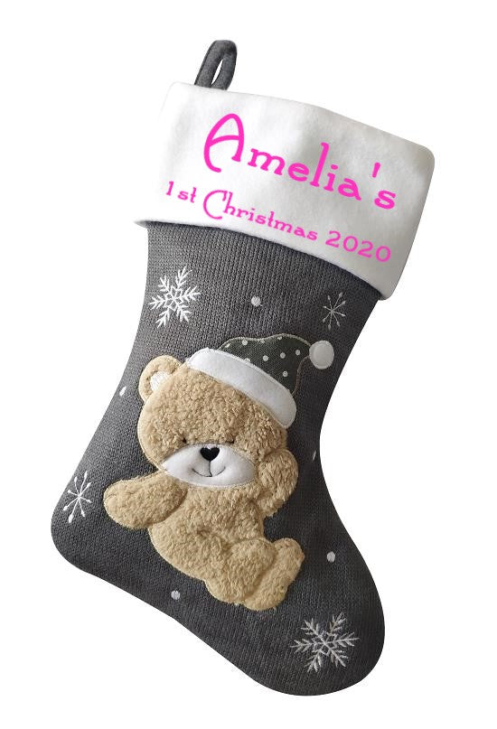 PERSONALISED DELUXE PLUSH GREY KNITTED FLUFFY TEDDY STOCKING FIRST CHRISTMAS