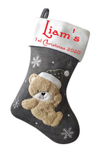 Load image into Gallery viewer, PERSONALISED DELUXE PLUSH GREY KNITTED FLUFFY TEDDY STOCKING FIRST CHRISTMAS
