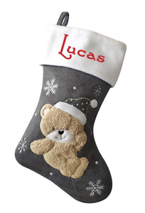 PERSONALISED DELUXE PLUSH GREY KNITTED FLUFFY TEDDY STOCKING