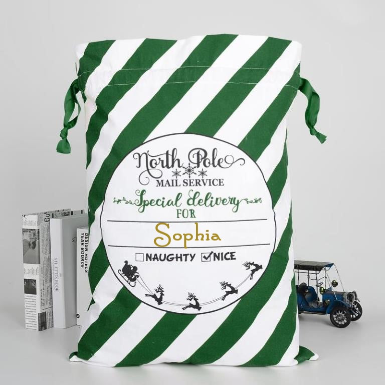 GREEN PERSONALISED LUXURY CHRISTMAS SACK 100% COTTON ADD ANY NAME